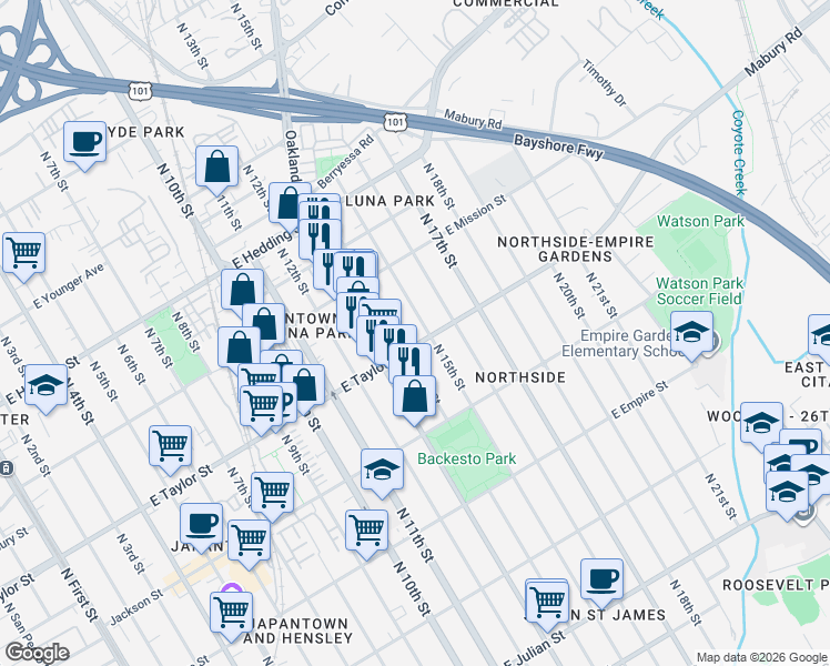 map of restaurants, bars, coffee shops, grocery stores, and more near 25 North 14th Street in San Jose