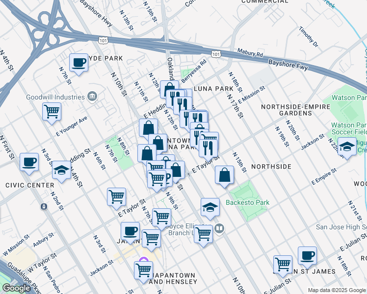 map of restaurants, bars, coffee shops, grocery stores, and more near 775 North 12th Street in San Jose