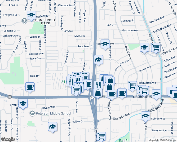 map of restaurants, bars, coffee shops, grocery stores, and more near 3688 Buckley Street in Santa Clara