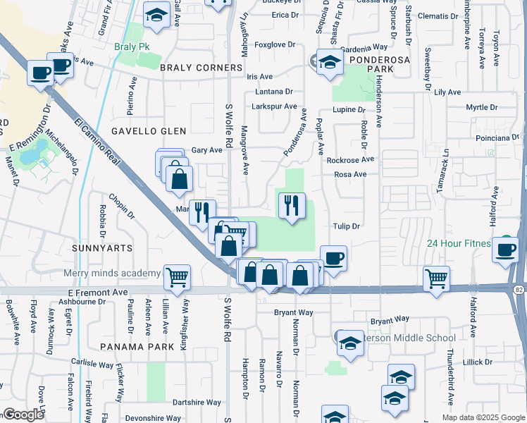 map of restaurants, bars, coffee shops, grocery stores, and more near 994 Ponderosa Avenue in Sunnyvale
