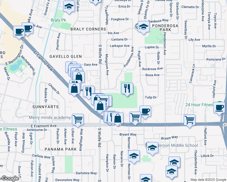 map of restaurants, bars, coffee shops, grocery stores, and more near 916 Maria Lane in Sunnyvale