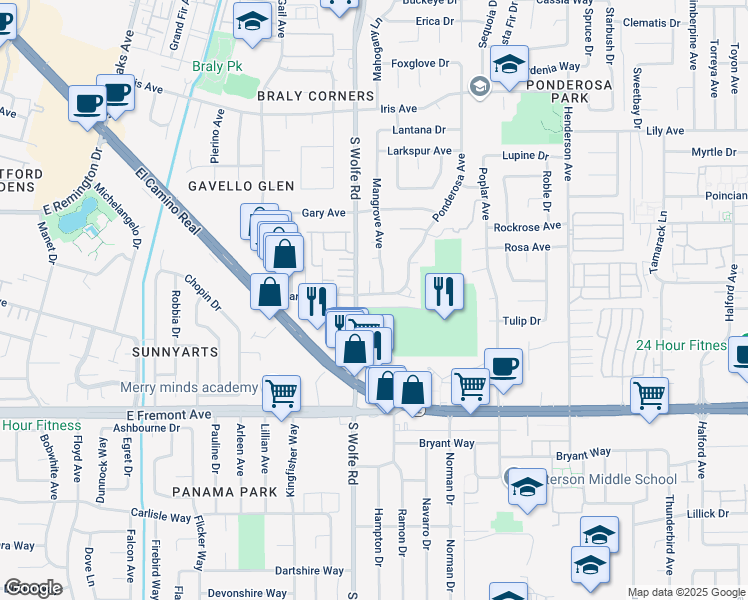 map of restaurants, bars, coffee shops, grocery stores, and more near 916 Maria Lane in Sunnyvale