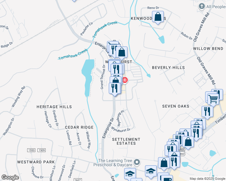 map of restaurants, bars, coffee shops, grocery stores, and more near 102 Hexham Drive in Lynchburg
