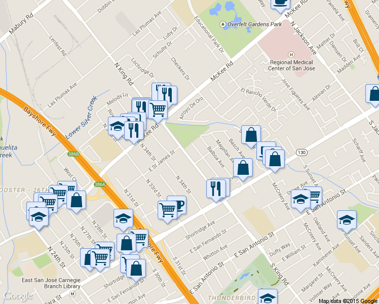 map of restaurants, bars, coffee shops, grocery stores, and more near 178 North King Road in San Jose