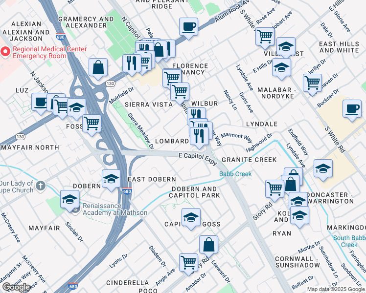 map of restaurants, bars, coffee shops, grocery stores, and more near 2622 Lombard Avenue in San Jose