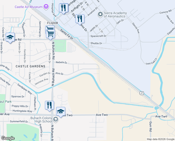 map of restaurants, bars, coffee shops, grocery stores, and more near 2080 Piro Drive in Atwater