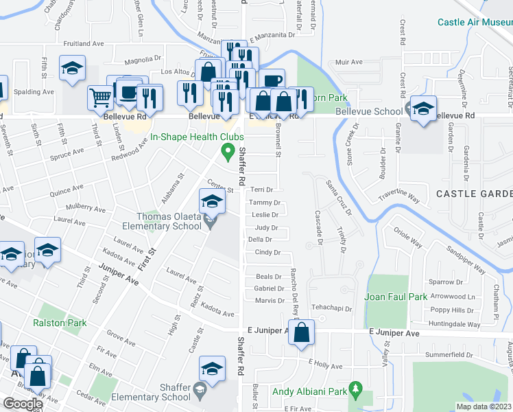 map of restaurants, bars, coffee shops, grocery stores, and more near 190 Tammy Drive in Atwater