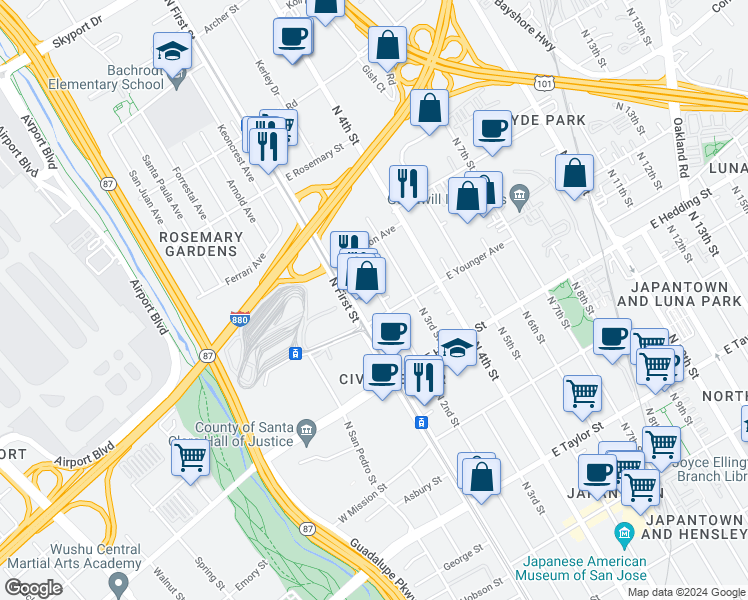 map of restaurants, bars, coffee shops, grocery stores, and more near 1015 North 2nd Street in San Jose