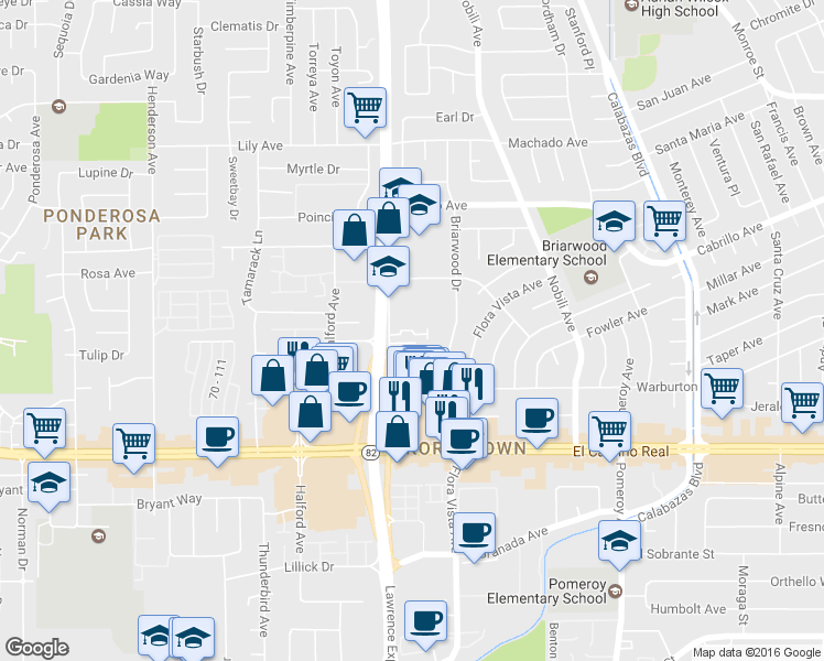 map of restaurants, bars, coffee shops, grocery stores, and more near 3580 Sunnydays Ln in Santa Clara