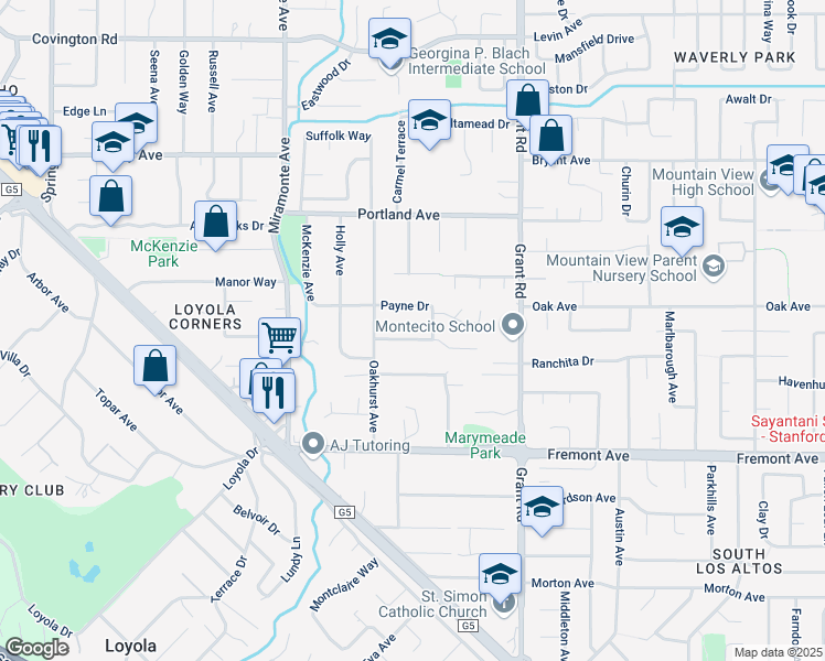 map of restaurants, bars, coffee shops, grocery stores, and more near 1171 Payne Drive in Los Altos