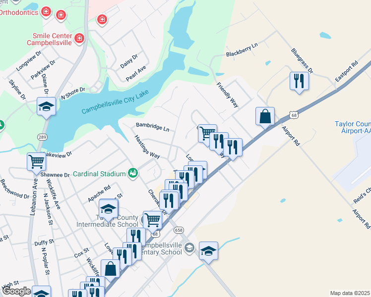 map of restaurants, bars, coffee shops, grocery stores, and more near 120 London Drive in Campbellsville