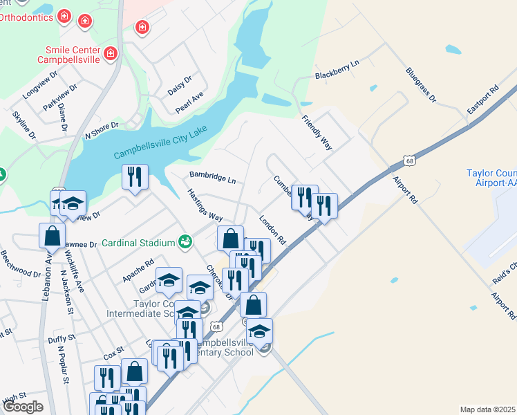 map of restaurants, bars, coffee shops, grocery stores, and more near 120 London Drive in Campbellsville