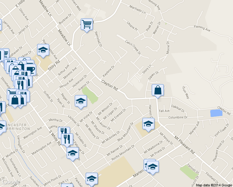 map of restaurants, bars, coffee shops, grocery stores, and more near 1395 Clayton Rd in San Jose