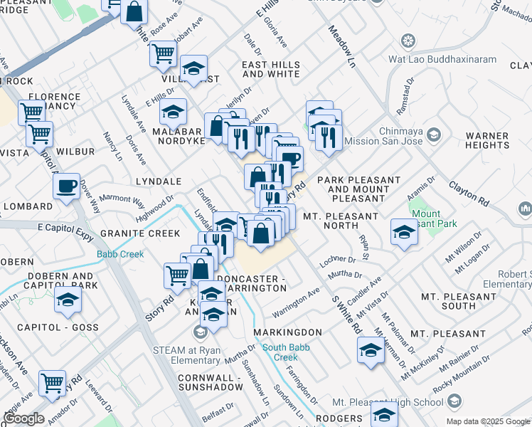 map of restaurants, bars, coffee shops, grocery stores, and more near 1095 South White Road in San Jose