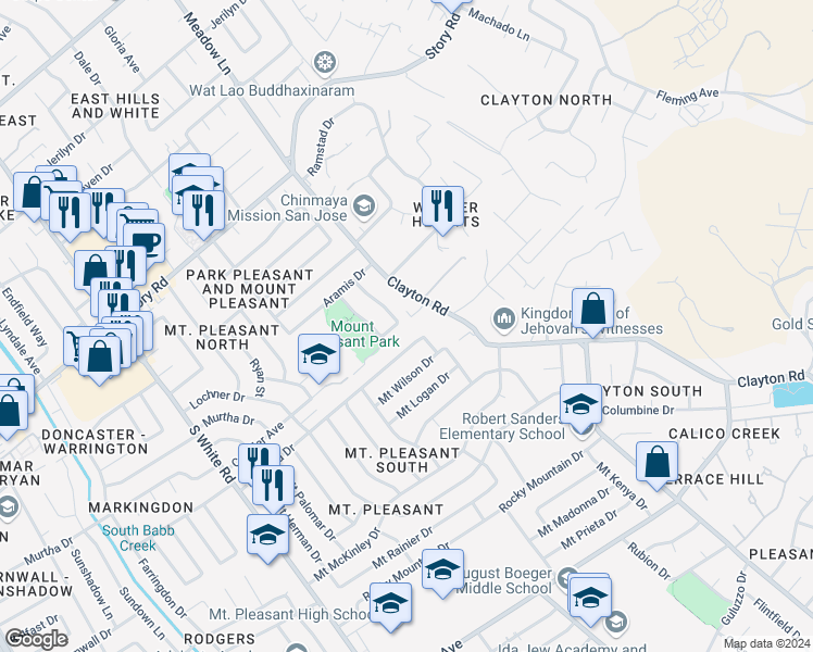 map of restaurants, bars, coffee shops, grocery stores, and more near 1329 Park Pleasant Circle in San Jose