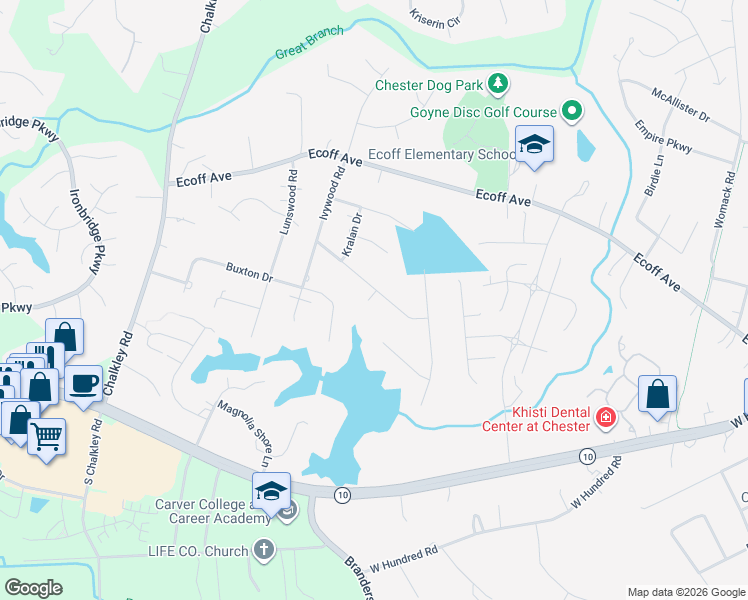 map of restaurants, bars, coffee shops, grocery stores, and more near 5651 Elfinwood Road in Chester
