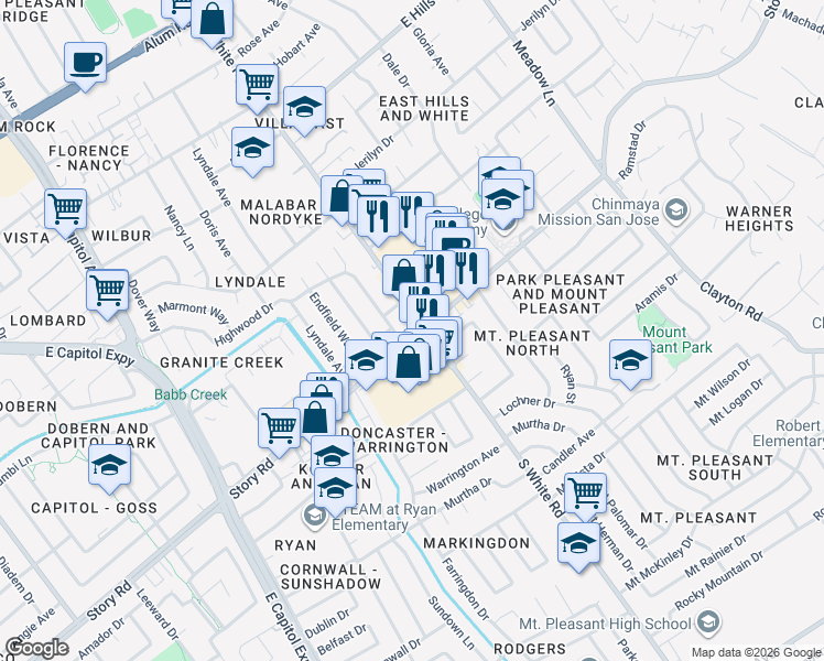 map of restaurants, bars, coffee shops, grocery stores, and more near 1095 South White Road in San Jose