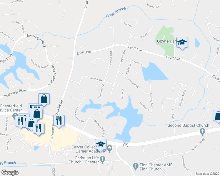 map of restaurants, bars, coffee shops, grocery stores, and more near 11704 Ivywood Road in Chester