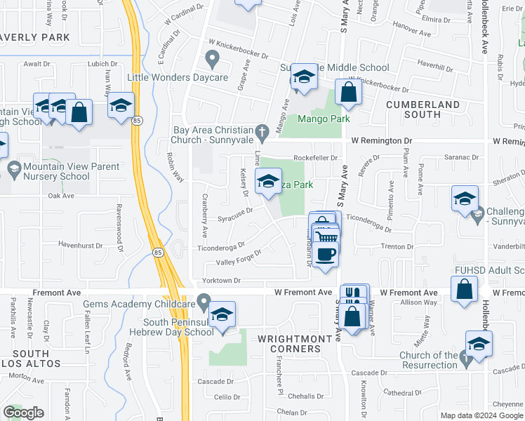 map of restaurants, bars, coffee shops, grocery stores, and more near 1195 Lime Drive in Sunnyvale