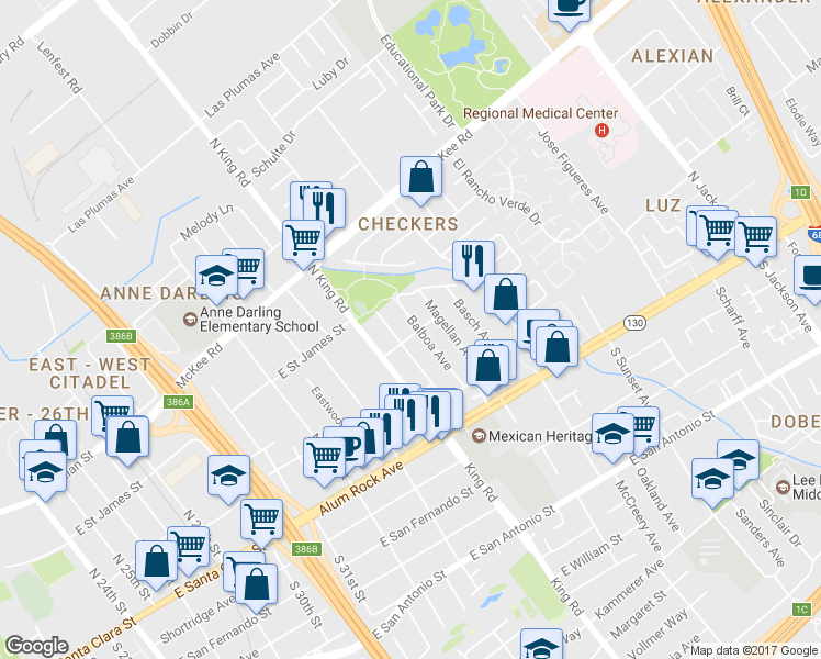 map of restaurants, bars, coffee shops, grocery stores, and more near 143 Balboa Avenue in San Jose