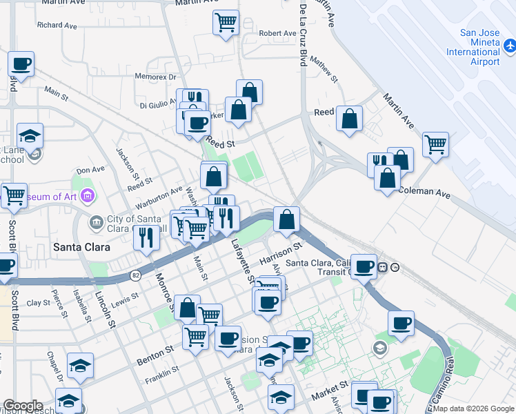 map of restaurants, bars, coffee shops, grocery stores, and more near 1571 Pratt Place in Santa Clara