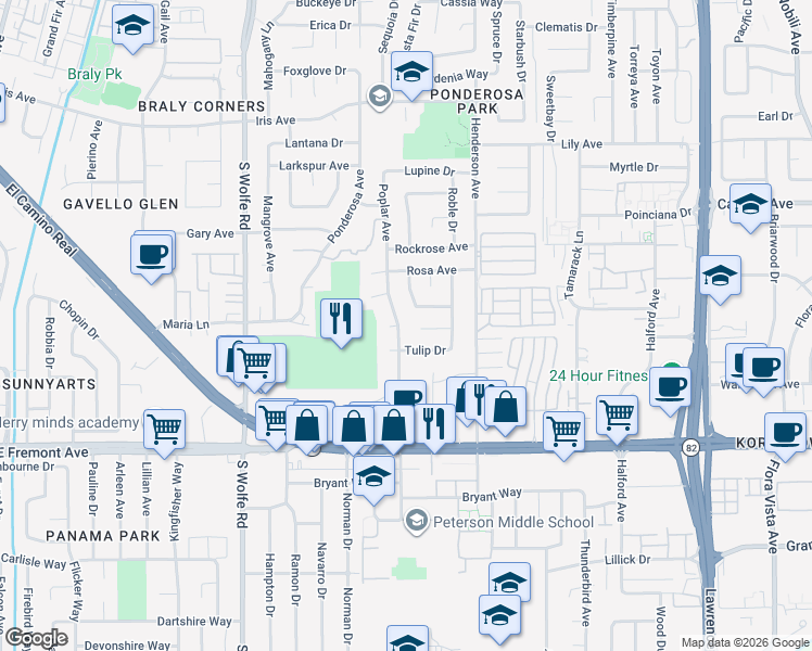 map of restaurants, bars, coffee shops, grocery stores, and more near 999 Poplar Court in Sunnyvale