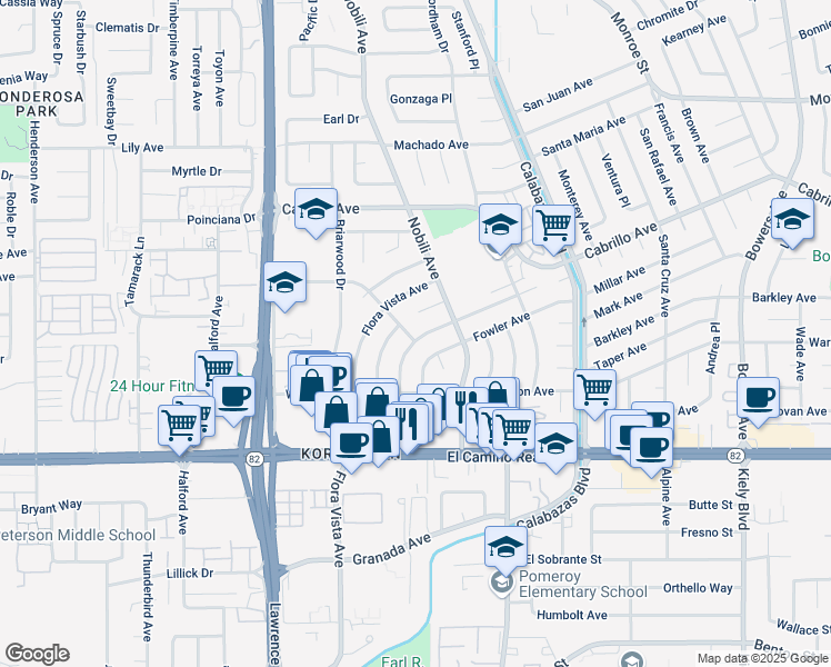 map of restaurants, bars, coffee shops, grocery stores, and more near 3435 Victoria Avenue in Santa Clara