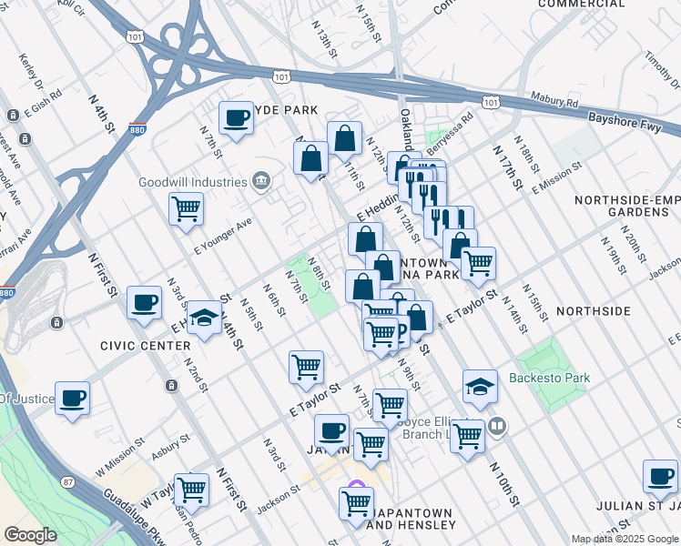 map of restaurants, bars, coffee shops, grocery stores, and more near 862 Sakura Drive in San Jose