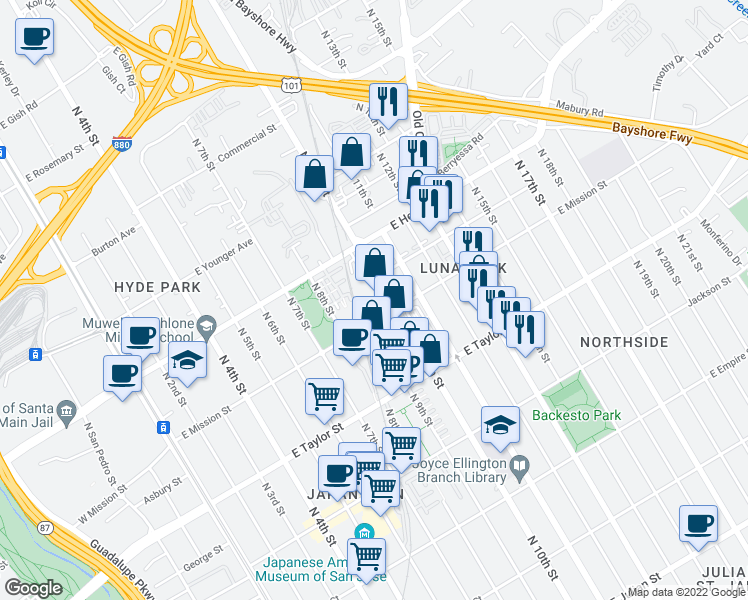 map of restaurants, bars, coffee shops, grocery stores, and more near 817 North 10th Street in San Jose