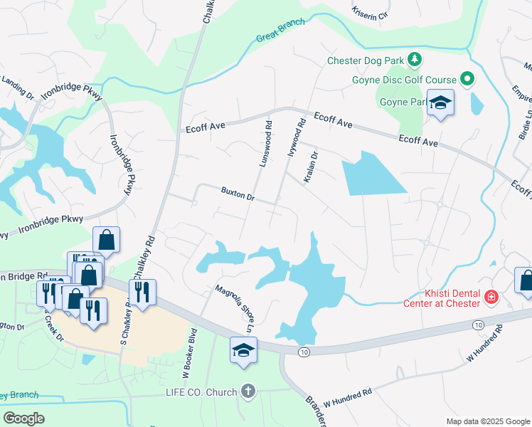 map of restaurants, bars, coffee shops, grocery stores, and more near 11704 Ivywood Road in Chester