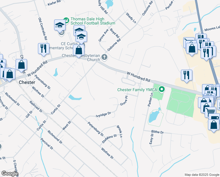 map of restaurants, bars, coffee shops, grocery stores, and more near 3301 Curtis Cir in Chester