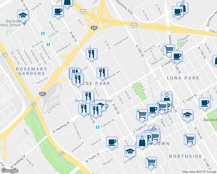 map of restaurants, bars, coffee shops, grocery stores, and more near 947 North 5th Street in San Jose