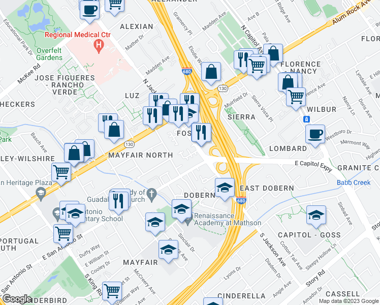 map of restaurants, bars, coffee shops, grocery stores, and more near 2281 Woodset Drive in San Jose