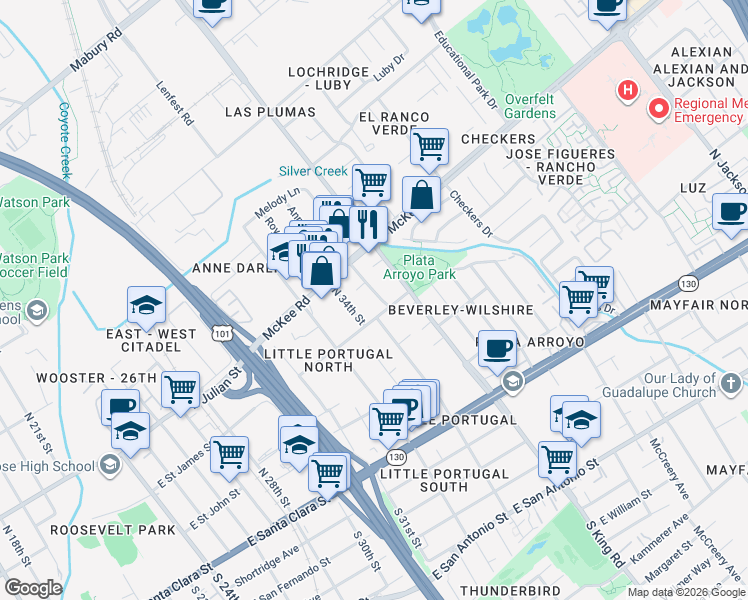 map of restaurants, bars, coffee shops, grocery stores, and more near 1675 East Saint James Street in San Jose