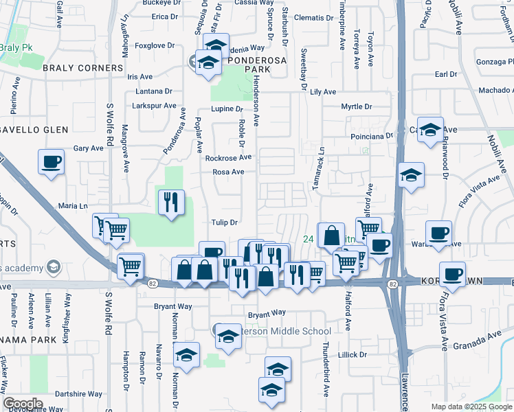 map of restaurants, bars, coffee shops, grocery stores, and more near 965 Henderson Avenue in Sunnyvale