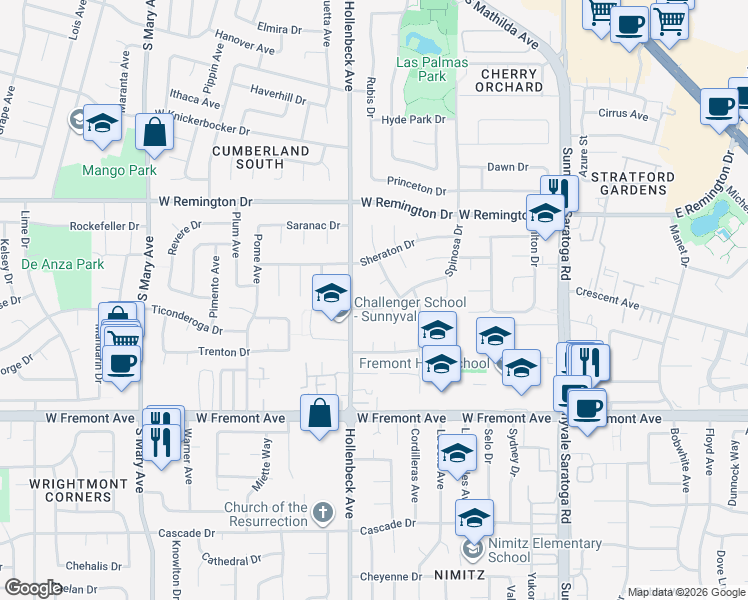 map of restaurants, bars, coffee shops, grocery stores, and more near 677 Torrington Drive in Sunnyvale