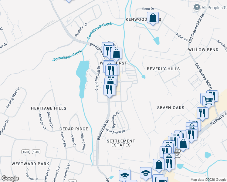 map of restaurants, bars, coffee shops, grocery stores, and more near 102 Hexham Drive in Lynchburg