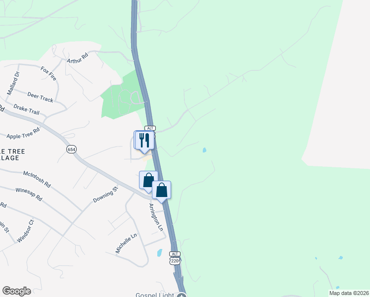 map of restaurants, bars, coffee shops, grocery stores, and more near 46-170 Farmer Brown Lane in Roanoke