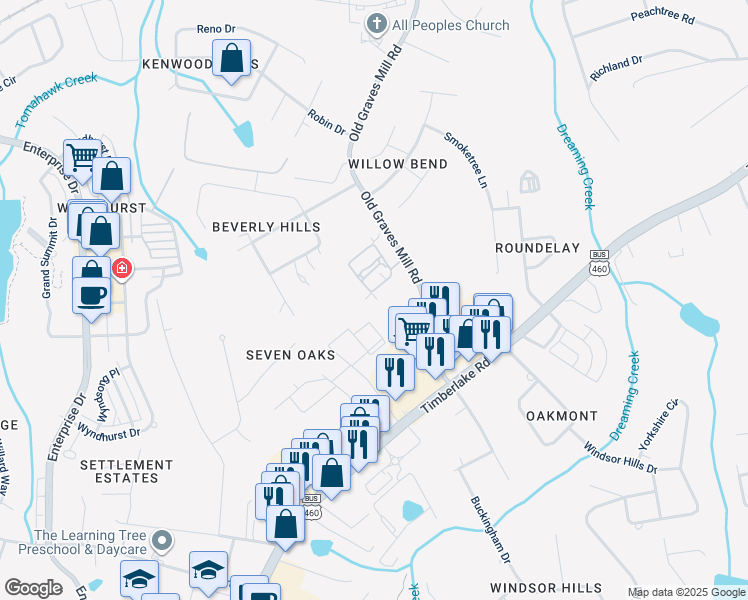 map of restaurants, bars, coffee shops, grocery stores, and more near 200 Salisbury Circle in Lynchburg