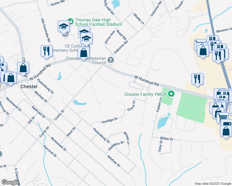 map of restaurants, bars, coffee shops, grocery stores, and more near 3301 Curtis Circle in Chester