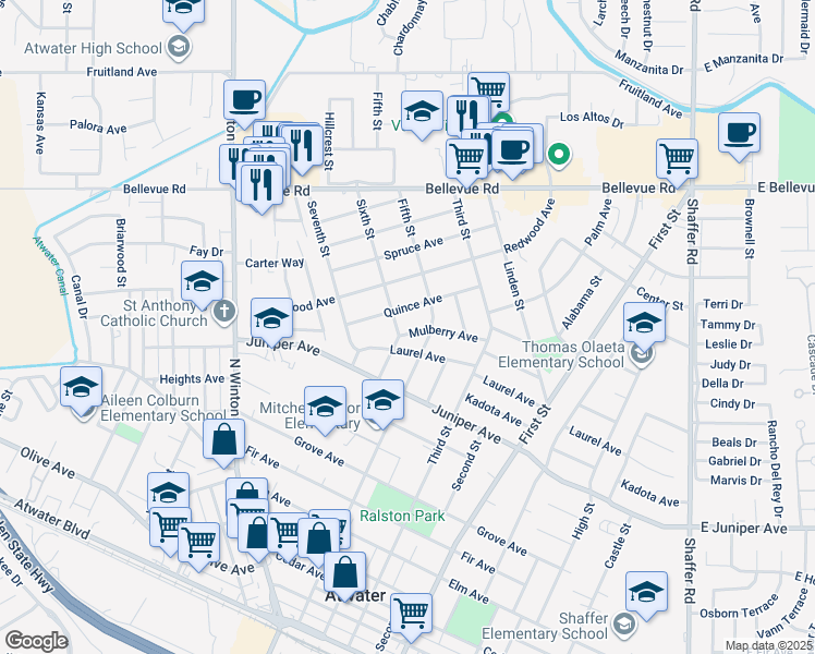 map of restaurants, bars, coffee shops, grocery stores, and more near 1485 Mulberry Avenue in Atwater