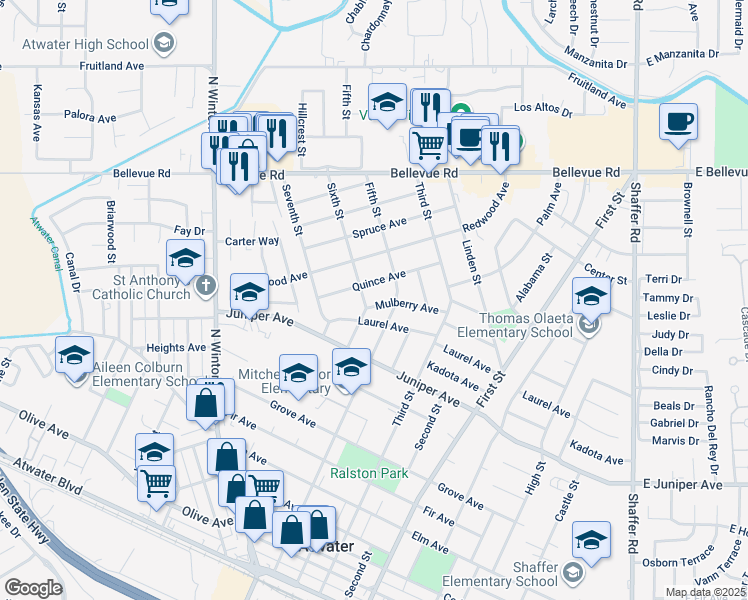 map of restaurants, bars, coffee shops, grocery stores, and more near 1485 Mulberry Avenue in Atwater