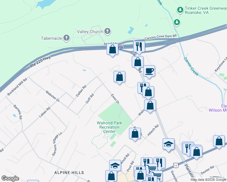 map of restaurants, bars, coffee shops, grocery stores, and more near 7907 Enon Dr in Roanoke
