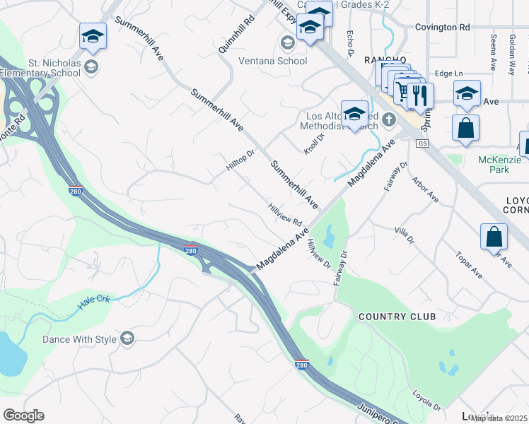 map of restaurants, bars, coffee shops, grocery stores, and more near 24150 Hillview Road in Los Altos Hills