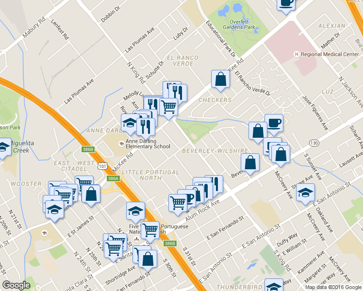 map of restaurants, bars, coffee shops, grocery stores, and more near 1675 East Saint James Street in San Jose