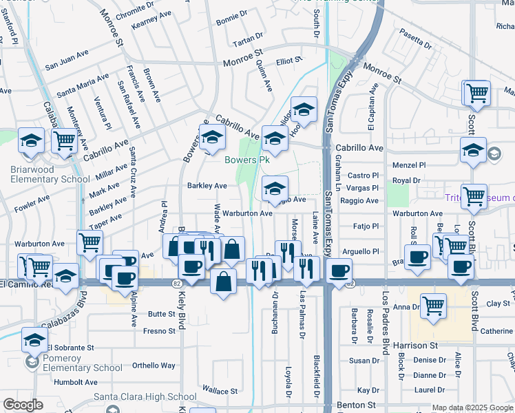 map of restaurants, bars, coffee shops, grocery stores, and more near 1822 Ravizza Avenue in Santa Clara