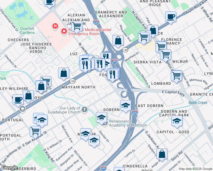 map of restaurants, bars, coffee shops, grocery stores, and more near 2281 Woodset Drive in San Jose
