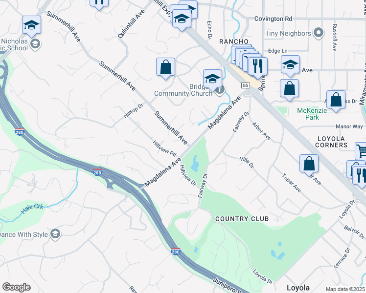 map of restaurants, bars, coffee shops, grocery stores, and more near 24078 Summerhill Avenue in Los Altos Hills