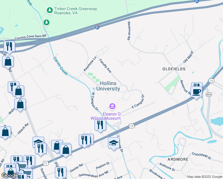 map of restaurants, bars, coffee shops, grocery stores, and more near 7916 Williamson Road in Roanoke