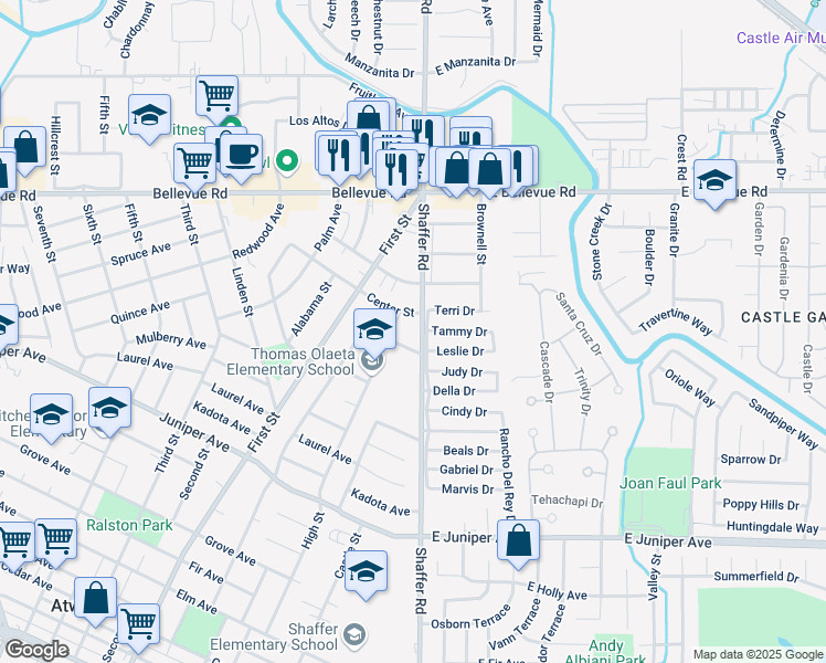 map of restaurants, bars, coffee shops, grocery stores, and more near 2377 Shaffer Road in Atwater